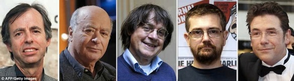 Among the dead at Charlie Hebdo:  Deputy chief editor Bernard Maris and cartoonists Georges Wolinski, Jean Cabut (aka Cabu), Stephane Charbonnier, who was also editor-in-chief, and Bernard Verlhac (aka Tignous)