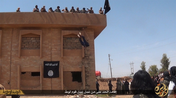 Da'ish executioners throw a man accused of homosexual conduct off a building in Fallujah province, Iraq, June 2015. Photo collected from Da'ish-affiliated social media