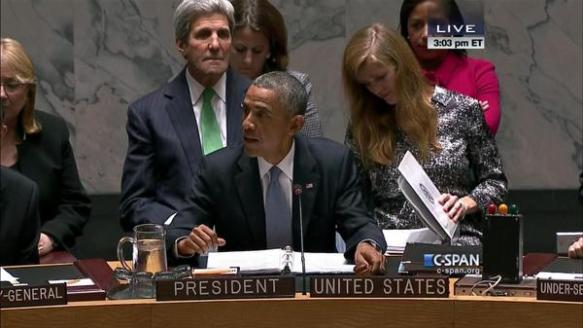 Obama chairs Security Council meeting on ISIS and global terrorism, September 24, 2014, with Samantha Power behinf him looking studious, and John Kerry looking badly embalmed. Screen capture by 