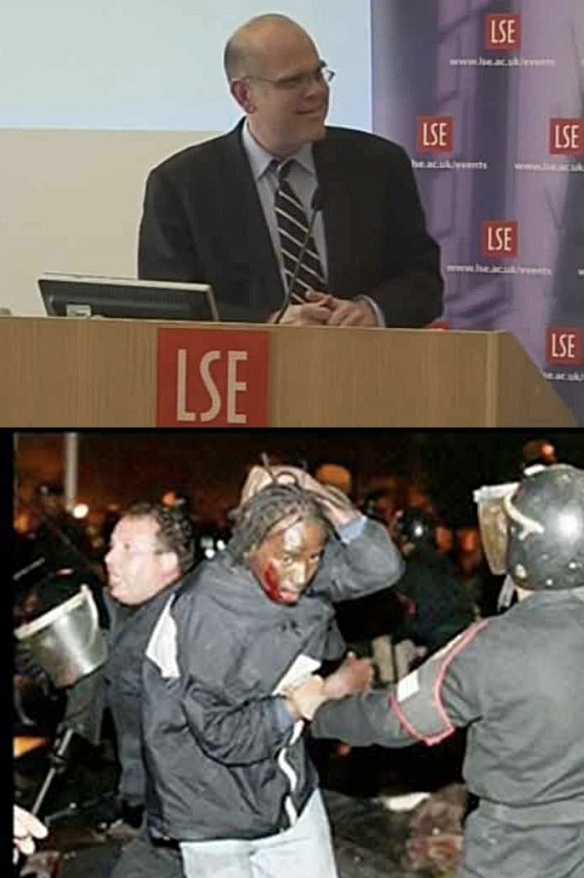 Bogus vs. real migrants: Caldwell, a US citizen, in London in 2014 (top); wounded Sudanese refugee arrested by Egyptian police, December 30, 2005 (bottom)