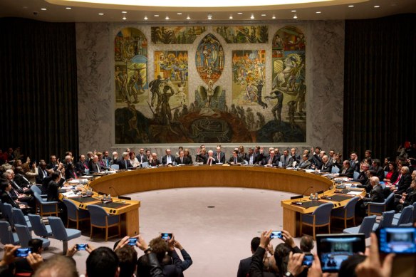 The UN Security Council chamber. The weird mural by Per Krogh depicts a phoenix rising from the ashes, and figures in various conspiracy theories as a product of Kabbalists, Illuminati, or Satan