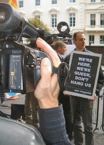 Mr. DeMille? Mr. DeMille? Q Television films Peter Tatchell at a demo over the Mashhad case, 2005. Photo by UK Gay News