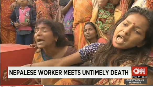 In a Nepali village, family members mourn over the coffin of a migrant worker returned from Qatar. On average, a Nepali migrant dies in Qatar every two days. From http://edition.cnn.com/2015/03/09/asia/qatar-nepali-migrant-workers-deaths/